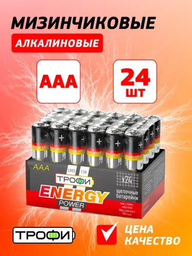 Батарейки ААА мизинчиковые алкалиновые Трофи LR03 щелочные, 24 штуки