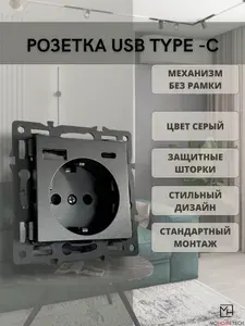 Встраиваемая розетка механизм USB Type C Серый без рамки, с заземлением, с шторками