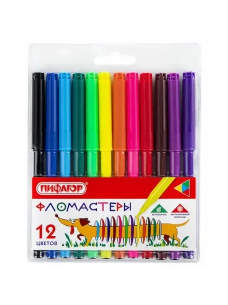 Фломастеры 6 шт. "Веселая такса", 12 цветов, вентилируемый Пифагор