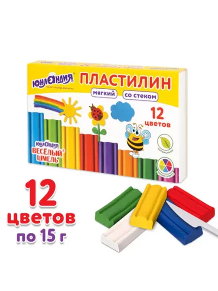 Пластилин мягкий Веселый шмель 12 цветов со стеком ЮНЛАНДИЯ