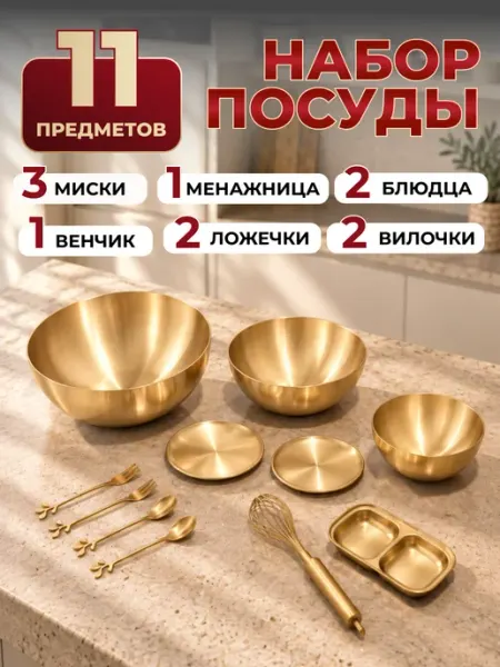 DomМаркет Набор салатников из нержавеющей стали золотой