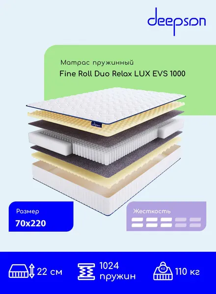 Матрас 70x220 ортопедический пружинный Fine Roll Duo Relax LUX EVS 1000 высота 22 см