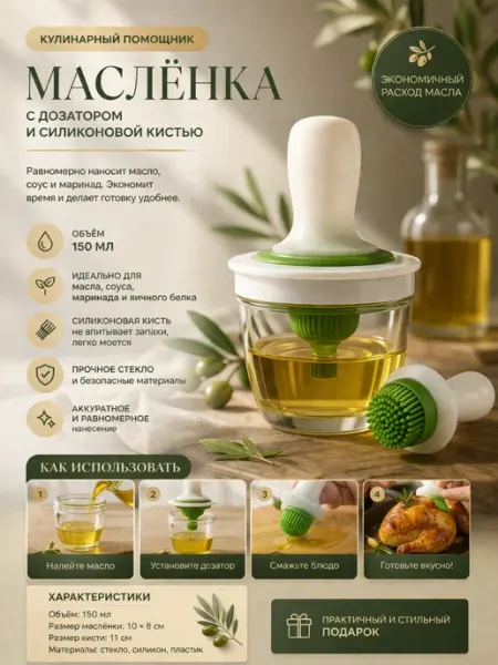 Масленка кухонная с кистью для гриля выпечки и соуса КУХНЯ stylish house