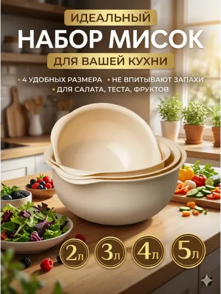 Набор мисок кухонных пластиковых для салата и теста 4 шт