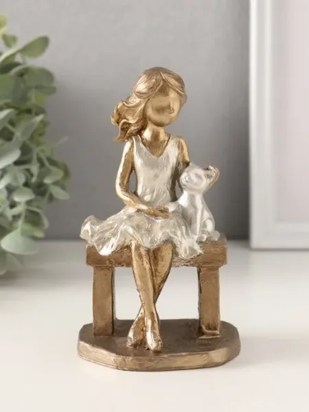 Фигурка "Малышка с котиком", бронза-серебро, 13.5 см Нет бренда