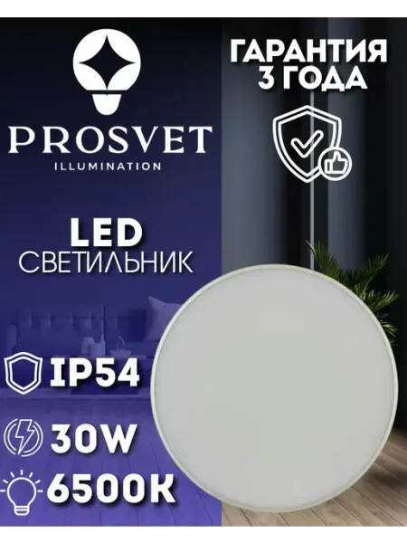 Светильник герметичный IP54, 30W, 6500K, 30 см круг белый PROSVET ILLUMINATION