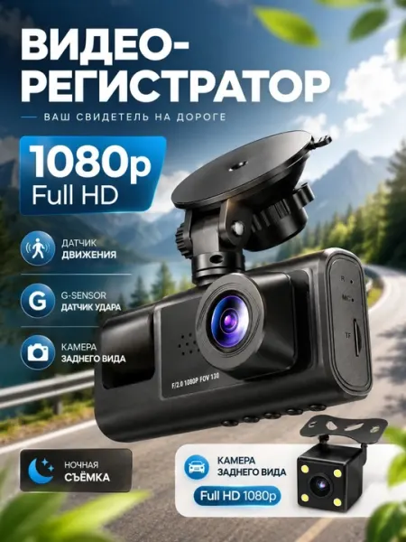 Видеорегистратор 3 камеры Wi-Fi, Full HD 1080P, передняя-задняя-салонная камера, 170°