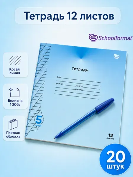 Тетрадь в косую линейку 12 листов 20 штук Schoolformat