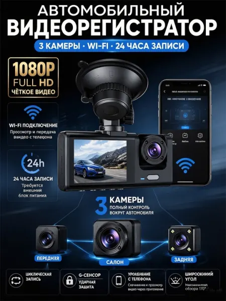 Видеорегистратор с тремя камерами и Wi-Fi, HD1080P, 24-часовая циклическая запись