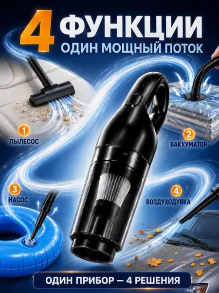 Автомобильный пылесос 4 в 1 беспроводной, 20000 Па