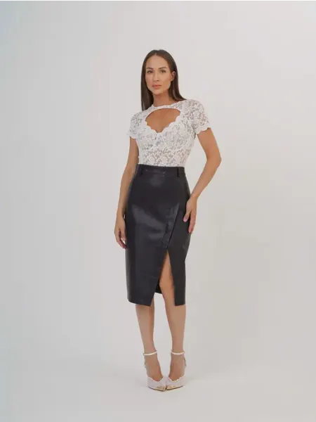 Юбка мини карандаш кожаная с разрезом и подкладом Mon fashion