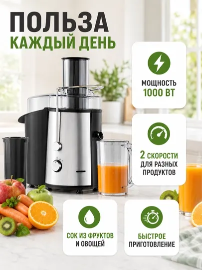 Соковыжималка 1000 Вт 2 скорости широкая горловина и быстрый отжим живого сока для дома