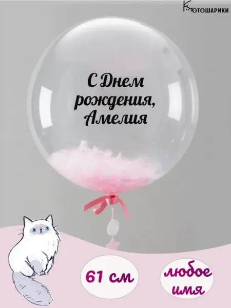 Воздушный шар с розовыми перьями именной Амелия Микрос