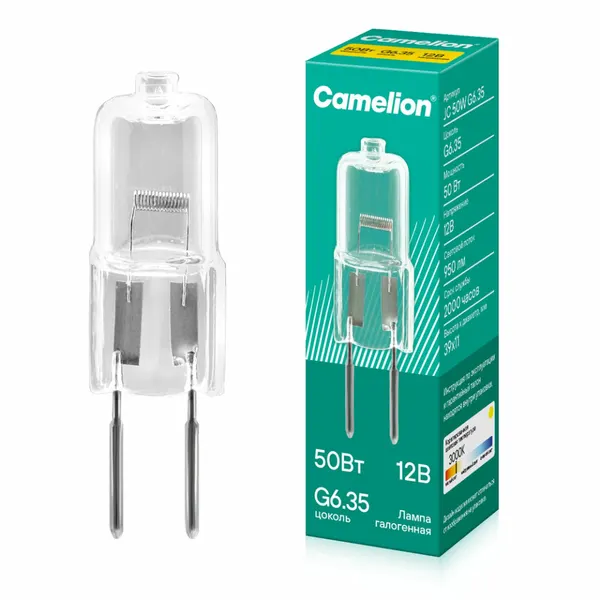 Лампы галогенные 2 шт. прозрачные 50Вт 12В G6.35 h39xФ11мм. - Camelion JC 12V 50W G6.35