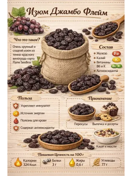 Изюм черный Джамбо, Без косточек, Натуральный 600г, 1кг, 2кг Ореховый Остров