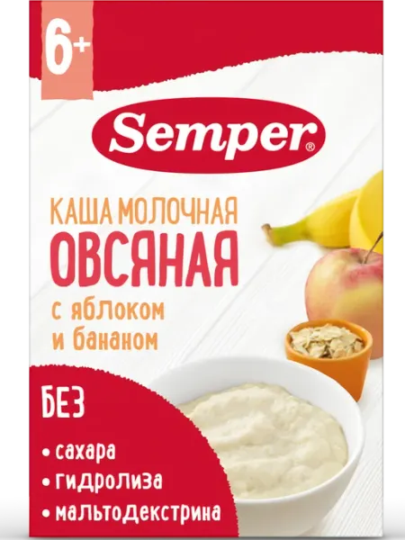 Каша детская молочная Овсяная с яблоком и бананом 6мес 180г Semper