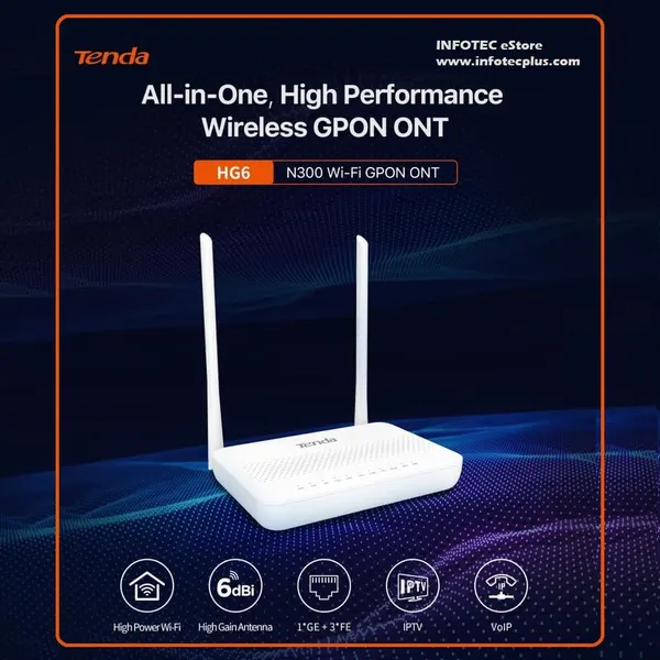 Tenda HG6 N300 — GPON ONT Wi-Fi роутер, 300 Мбит/с, 4 LAN порта