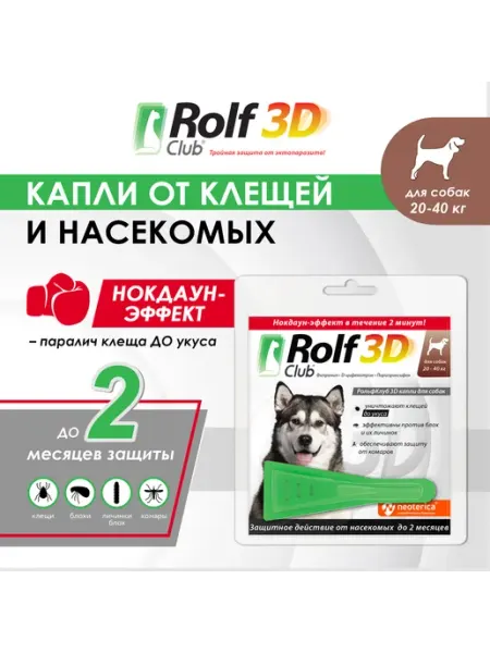 Капли от клещей блох комаров RolfClub 3D для собак 20-40 кг Rolf club 3D