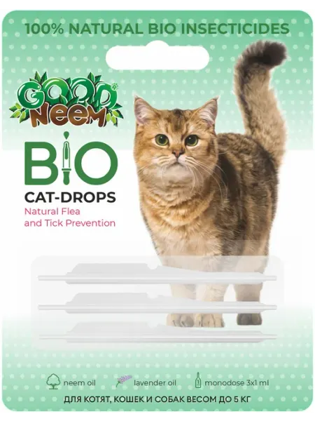 Капли для кошек и котят от блох и клещей 1 мл 3 шт GOOD NEEM