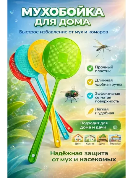 Мухобойка пластиковая с длинной ручкой для дома лия20