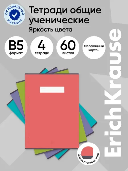 Тетрадь общая в клетку B5, 60 листов, 4 шт ErichKrause