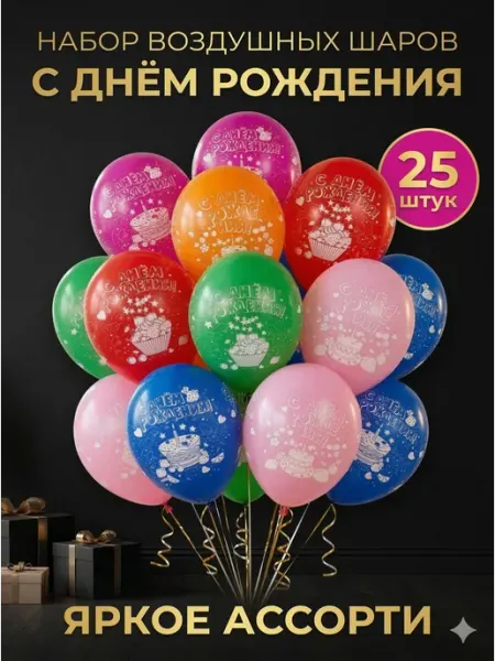 Набор воздушных шаров «С днем рождения» 25 шт, ассорти WOW-Ballon