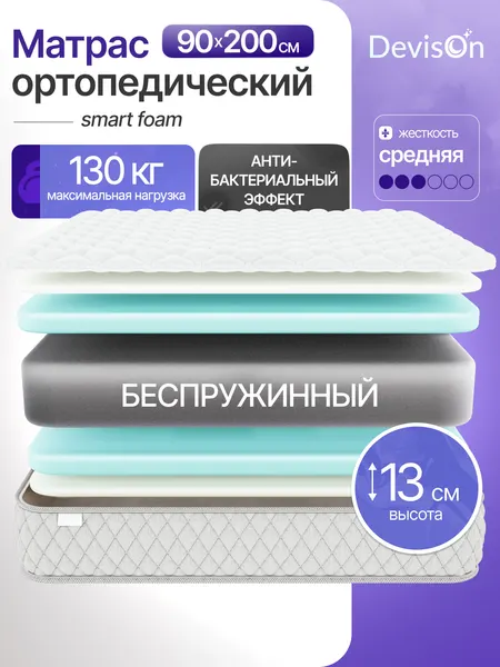 Матрас 90х200 ортопедический беспружиннный для кровати Devison Smart Foam высота 13 см