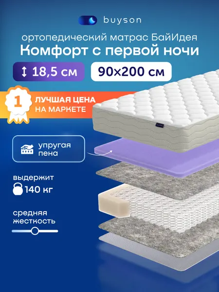 Ортопедический матрас buyson БайИдея, 90х200 см, независимые пружины