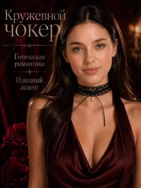 Кружевное колье с бантом и стразами, черное кружево