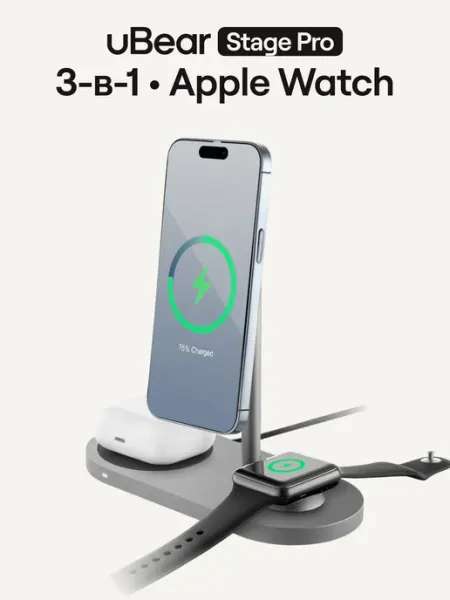Беспроводная зарядка iPhone 3 в 1 Stage Pro, Qi, 30 Вт uBear