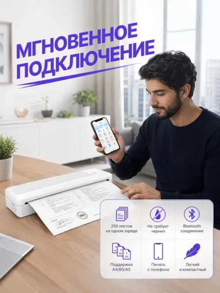 Портативный беспроводной термопринтер А4 для телефона