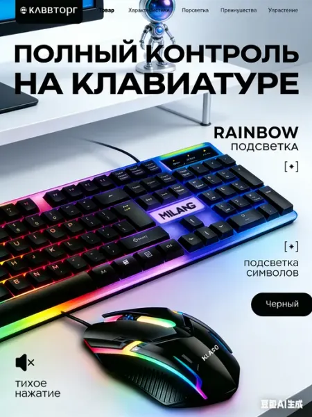 Клавиатура и мышь с подсветкой проводной набор Орбита