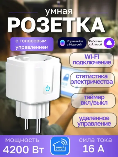 Умная розетка с голосовым управлением мониторингом Tuya Smar