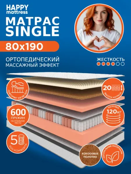Матрас HAPPY SINGLE 80х190 см пружинный ортопедический HAPPY MATTRESS