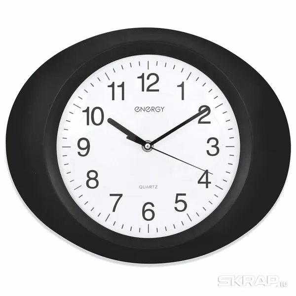Часы настенные ENERGY EC-04 кварцевые, овальные, d 330 мм, пластик, крупные цифры, черно-белые