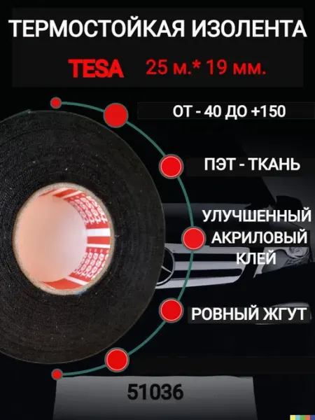 Изолента tesa 51036, 1 шт, 25 м, автомобильная, черная