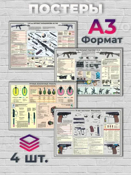 Постеры - АК-74М - ГП-25 - Гранаты - ПМ - А3 - 4 шт О-Хочу!