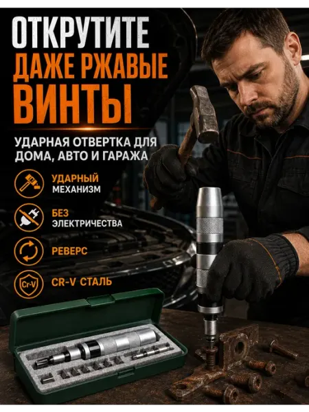 Ручная ударно-поворотная отвертка с реверсом и набором бит