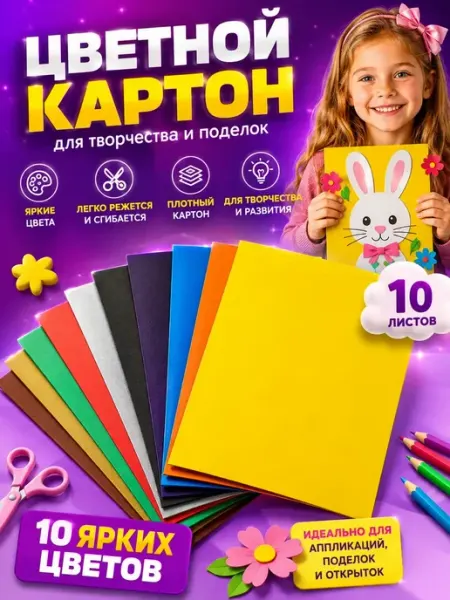 Цветной картон для школы 10 лист 4+ 6+ 9+ 12+ 15+ Выгодная Покупка PRO