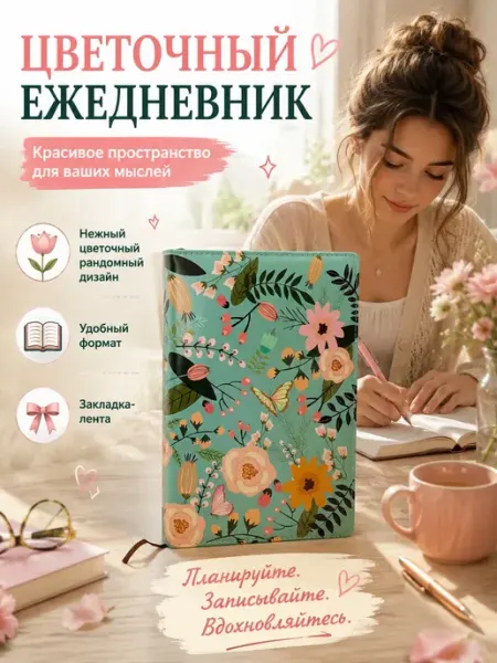 Ежедневник недатированный цветочный блокнот с закладкой Черная роза