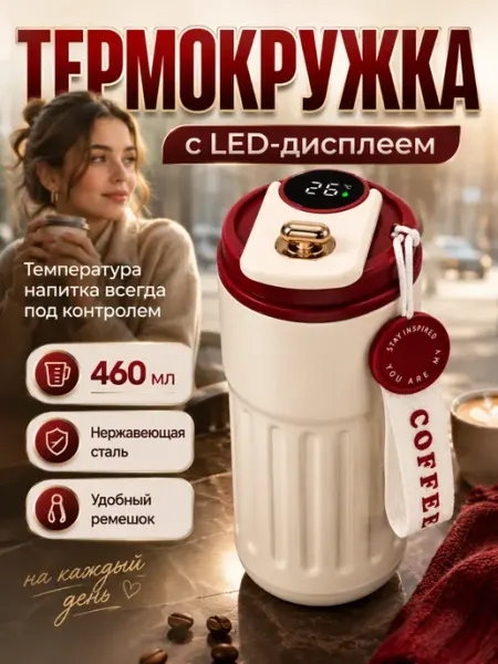 Термокружка 460 мл с дисплеем для горячих напитков кофе, чая КСАНДРА