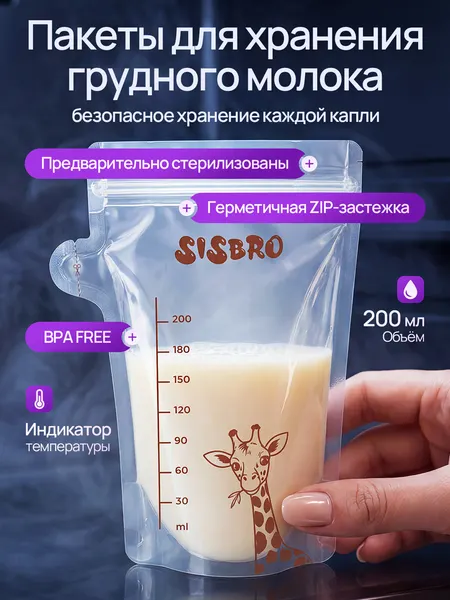 Пакеты для хранения грудного молока SISBRO 200 мл с фломастером
