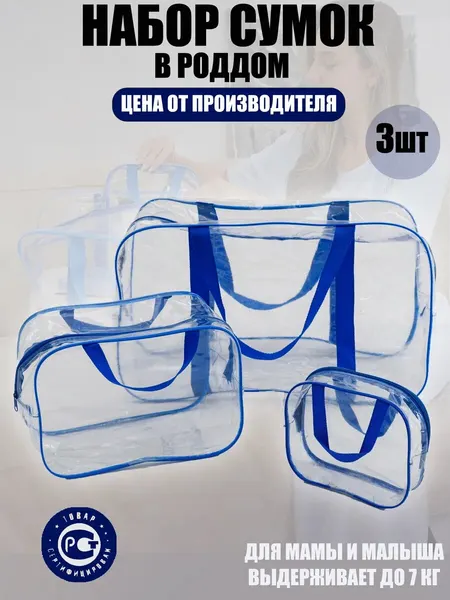 Набор сумок "Золотой Октябрь" для роддома, ПВХ, 3 штуки, прозрачный голубой