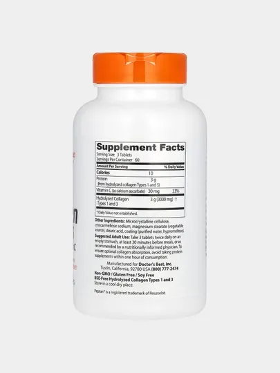 Коллаген типа 1 и 3 с Peptan и витамином C, 1000 мг, 180 таблеток, Doctor's Best