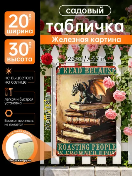Уличный декор Железная картина Дракон на книгах подарок