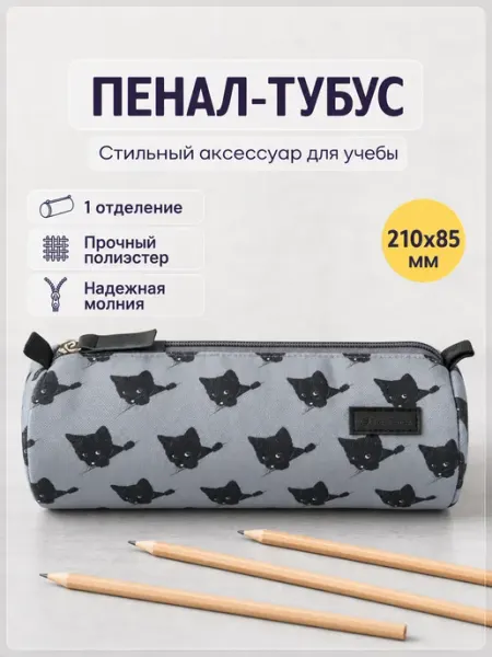 Пенал тубус школьный серый с котиками Schoolformat