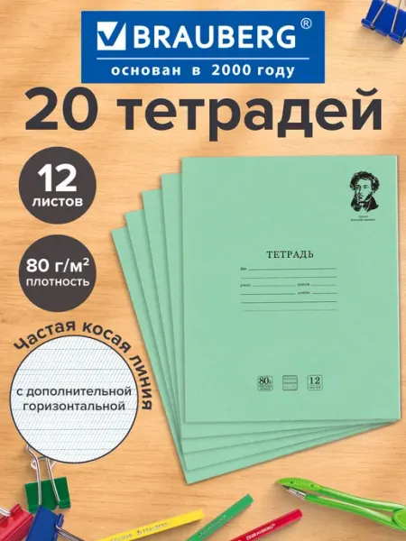 Тетрадь 12л Комплект 20шт. частая косая с доп. Гориз. 80г м2 Brauberg
