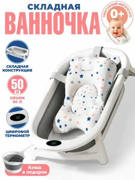Складная ванночка детская 50 л с матрасиком Intime plastic