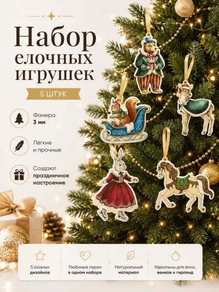 Елочная игрушка деревянная "Сказочные звери" набор, 5 шт