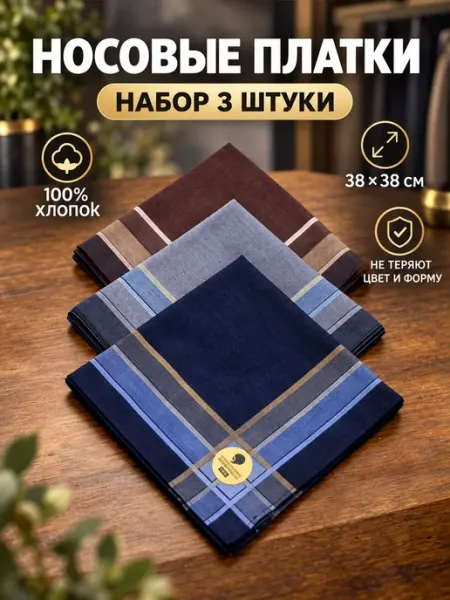 Платки носовые 3 шт 38х38 см хлопок платочки в карман хб Платки носовые мужские/ носовые платки